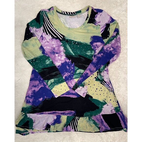 Lori Goldstein Logo Multicolor Tunic Blouse Ruffle Long Sleeves Large Lagenlook - Picture 9 of 9